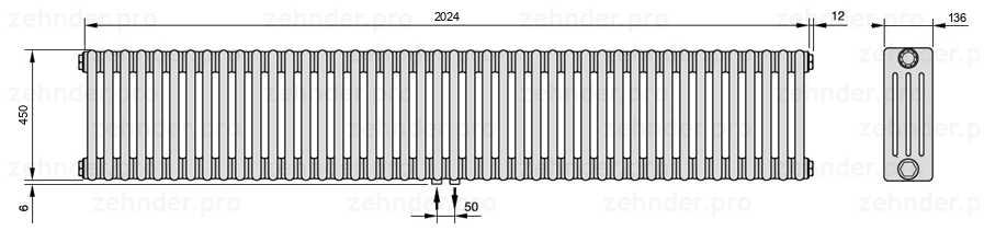 Схема (чертеж) Радиатор Zehnder Charleston 4045/44 №3470 Белый глянцевый RAL 9016